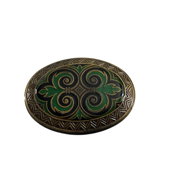 Metal Ornate Brooch Pin Green Enamel Fleur de lis Celtic Oval 1.75" X 1.375" - Picture 1 of 6